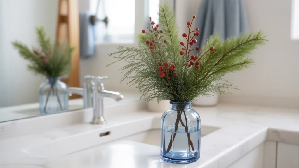 vase with winter greenery and berries placed near bathroom sink for christmas styling