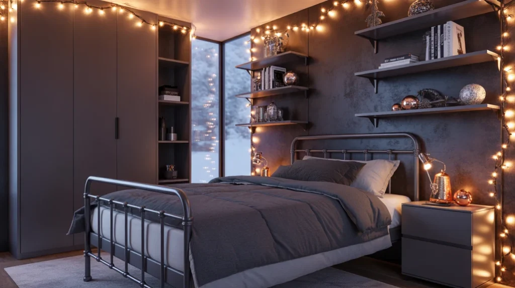 Industrial metal accents paired with pine garlands for a cool, modern Christmas look in a boys bedroom