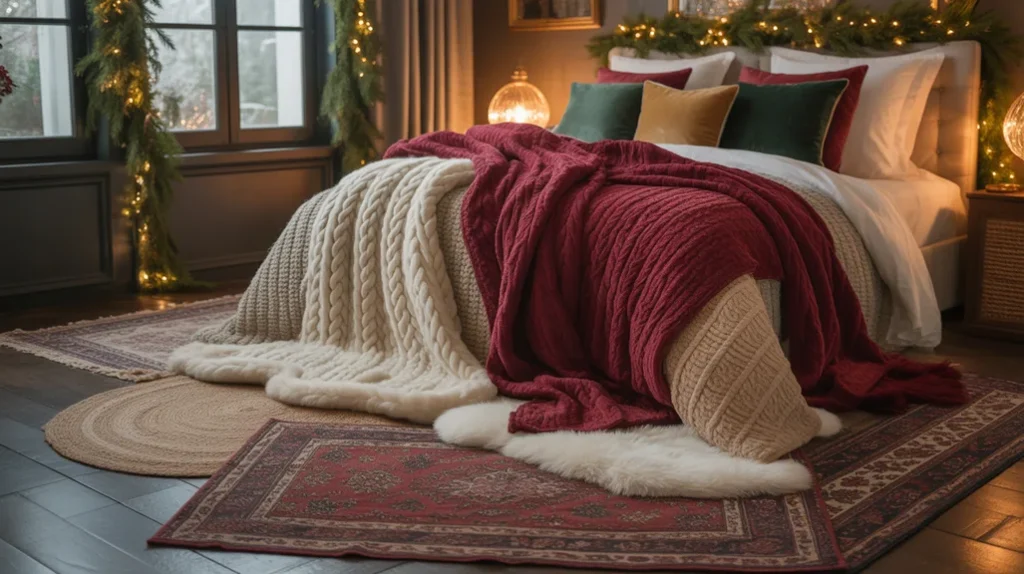 Layered rugs, throws, and cozy winter textiles for warm Christmas bedroom styling