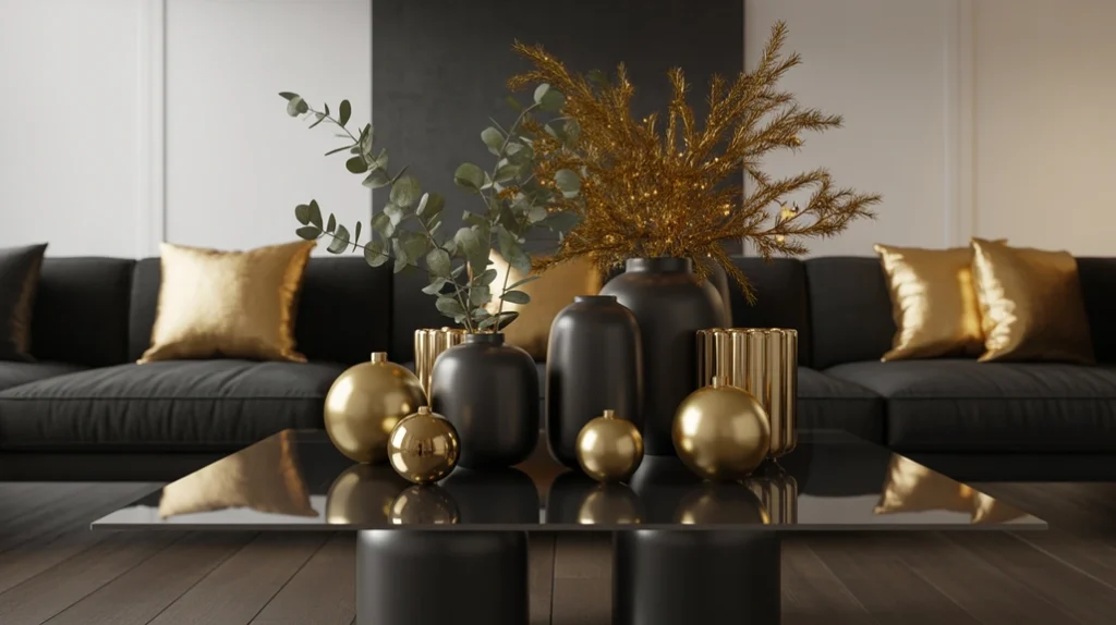 Matte black vases and glossy gold ornaments for luxurious Christmas decor styling.