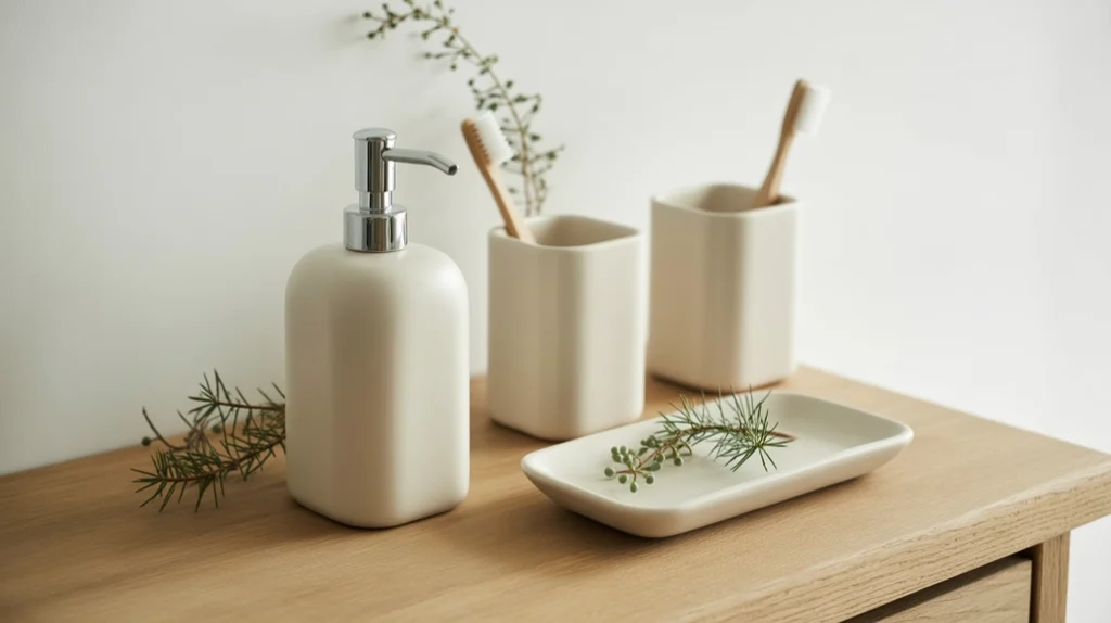 matte white bathroom accessories paired with greenery for a minimalist nordic christmas look