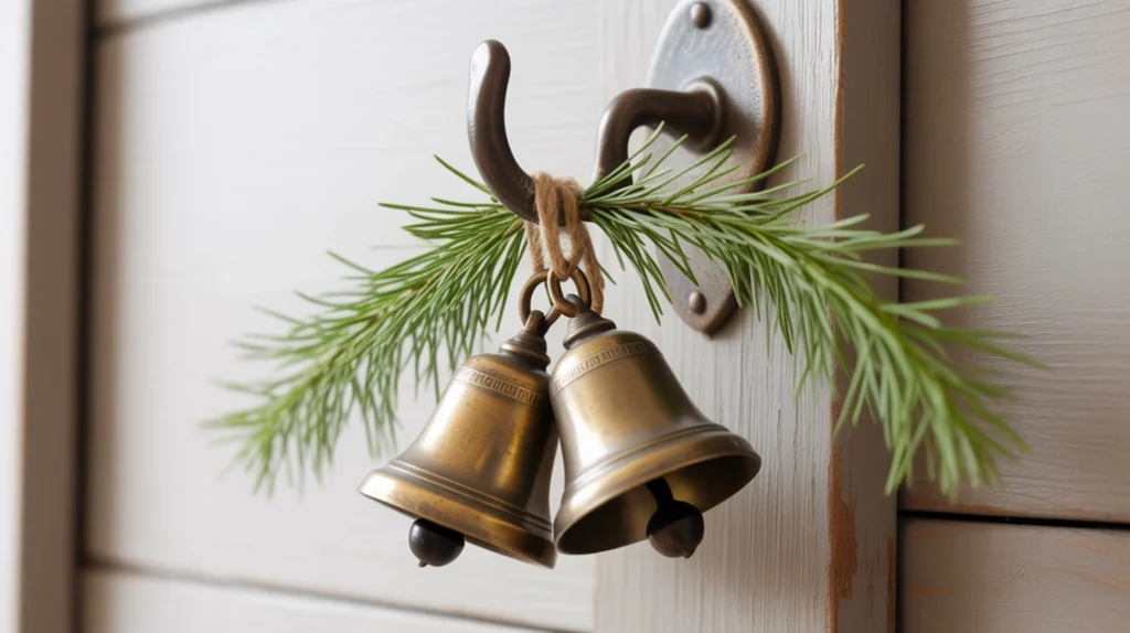 “Vintage metal Christmas bells hanging in a rustic farmhouse entryway”