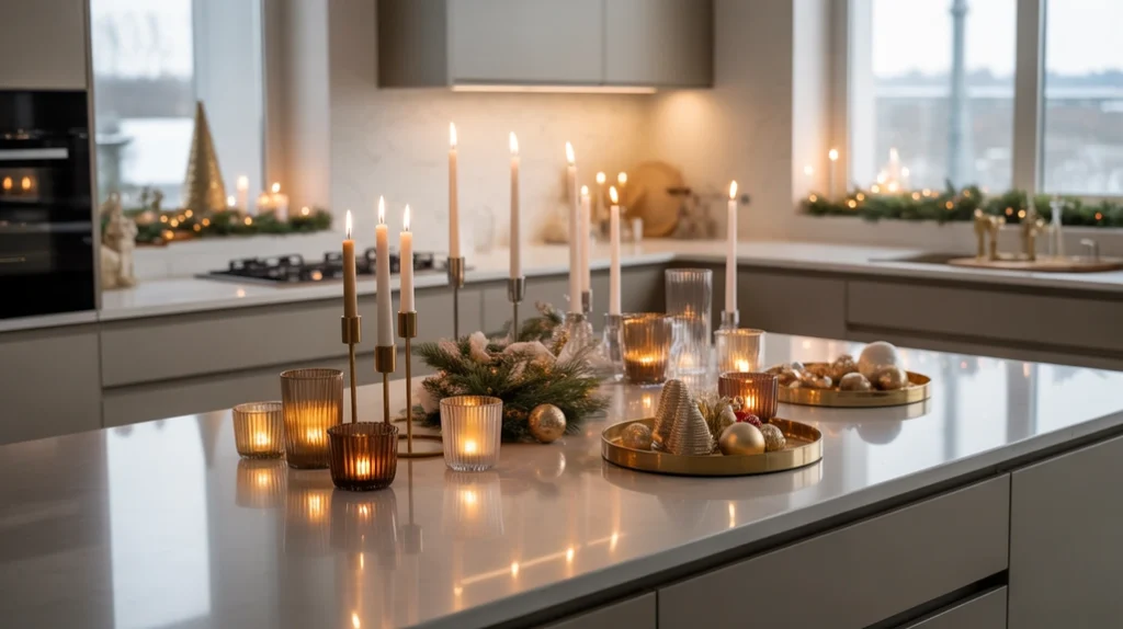 gold and silver metallic accents blending for a glamorous yet classy christmas kitchen decor look