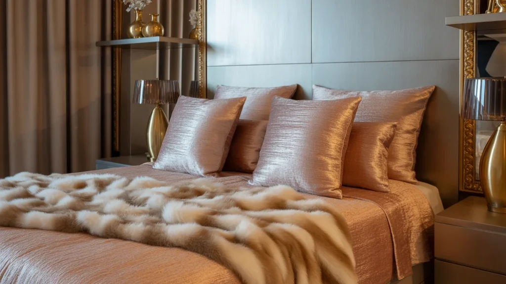 Metallic ornaments and pillows adding sparkle to cozy apartment Christmas bedroom