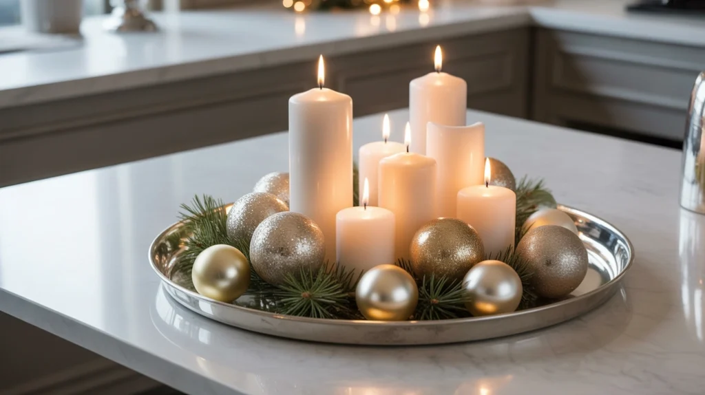gold metallic tray with candles, shiny ornaments, and elegant modern christmas styling