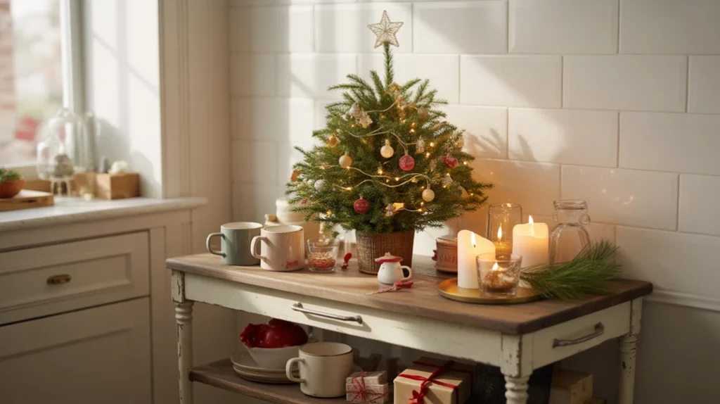 mini christmas tree on rolling kitchen cart with holiday mugs and candles for mobile festive styling