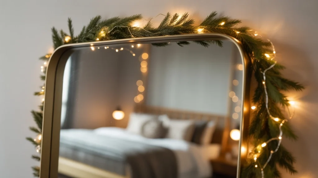 Bedroom mirror framed with pine garland and fairy lights reflecting soft Christmas glow.