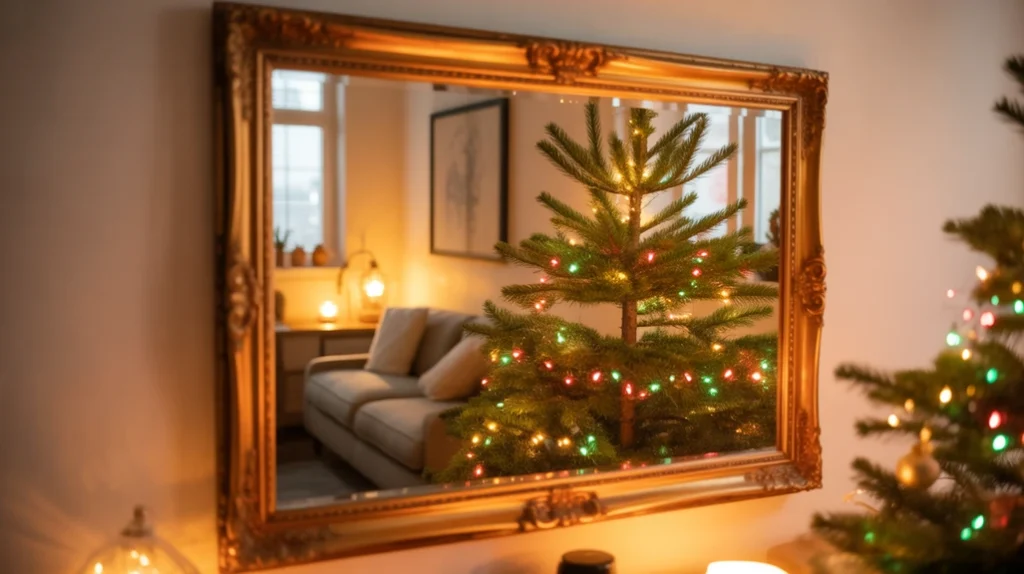 Mirror reflecting Christmas tree lights and festive glow in a cozy apartment holiday setup.