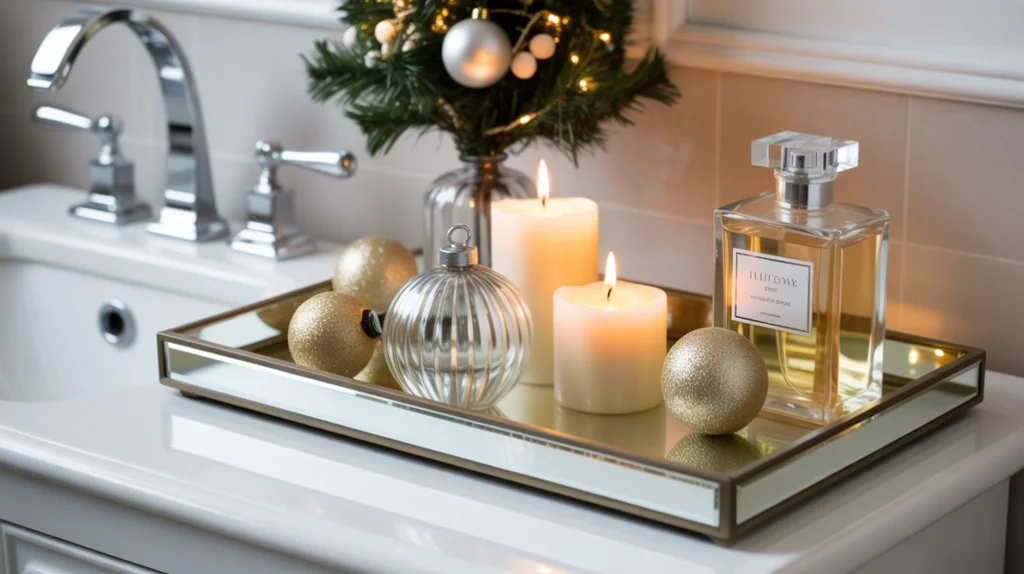 mirrored tray with gold candles and ornaments for an elevated glam christmas bathroom display