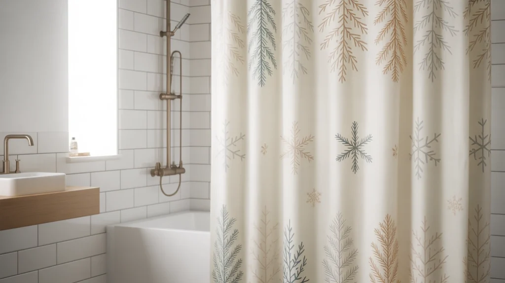 minimalist holiday shower curtain with soft winter pattern in clean modern bathroom