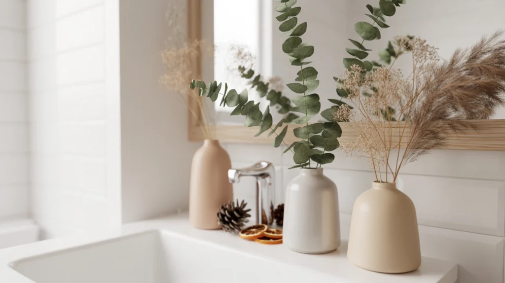 neutral ceramic vases with eucalyptus and dried florals used in boho christmas bathroom decor