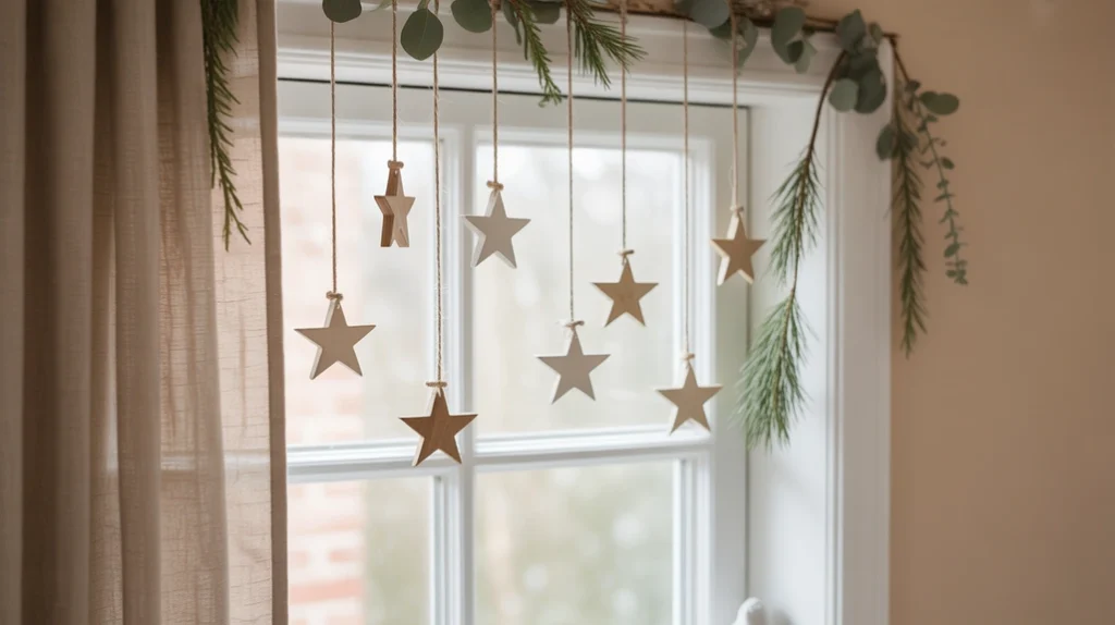bathroom window styled with wooden stars, greenery, and minimal christmas decor