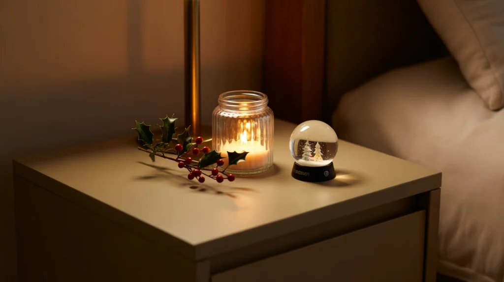 Christmas nightstand vignette with candle jar, holly sprig, and small snow globe in festive decor