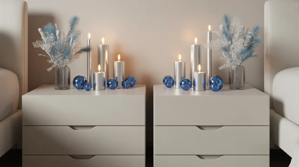 Nightstands decorated with silver candles, blue ornaments, and frosted flowers, enhancing the festive look of the bedroom.