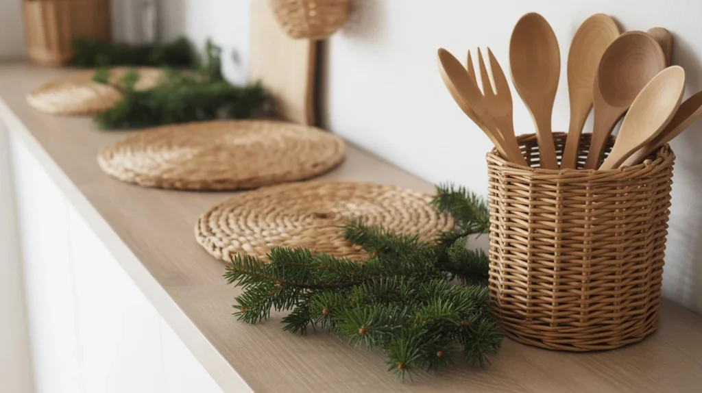 Natural Christmas decorations in minimalist kitchen using jute, rattan, and wooden utensils