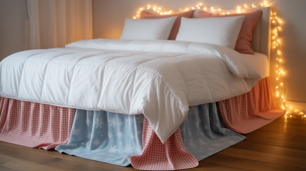 Patterned bed skirt with gingham or snowflake print styled in classic holiday bedroom setup