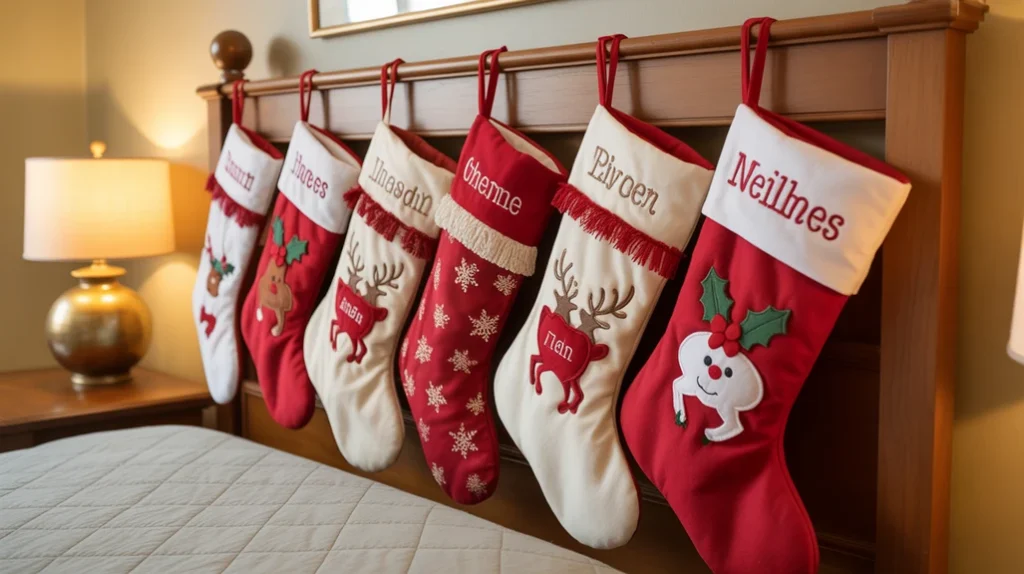 personalized Christmas stockings with embroidered names hanging near a child’s bed