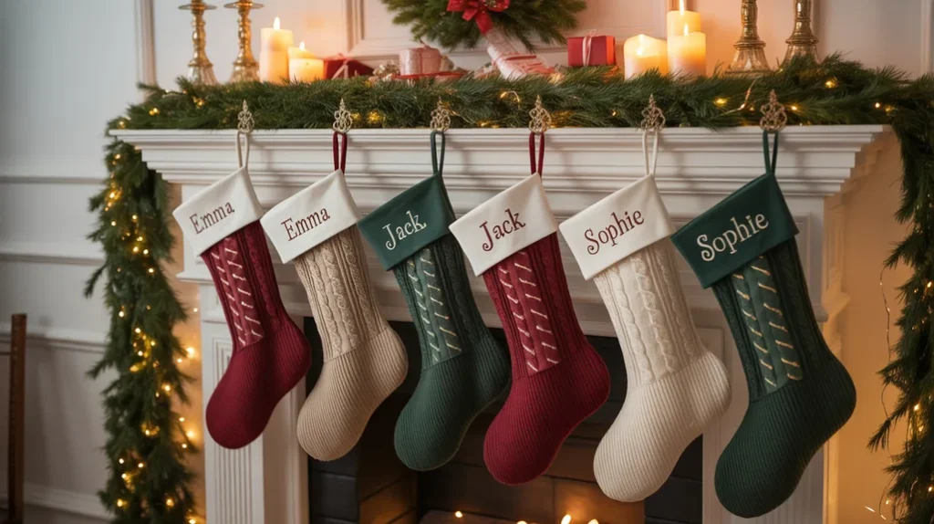Candlelit Christmas mantel with glowing lanterns and cozy ambiance
