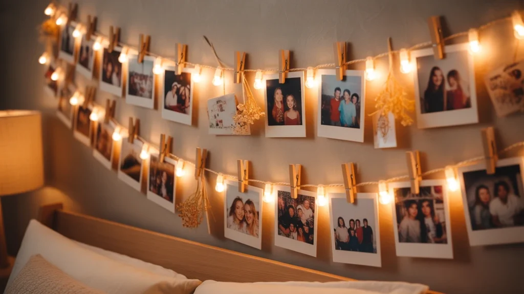 Photo clip string lights displaying teen photos and memories in a personalized Christmas bedroom