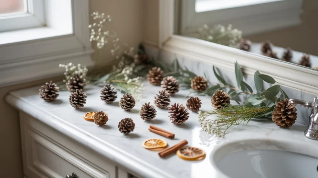 Mini pinecones styled as rustic winter accents for natural Christmas bathroom décor.