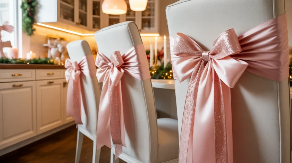 Pink Christmas bows tied on chair backs and cabinets for elegant blush holiday decor