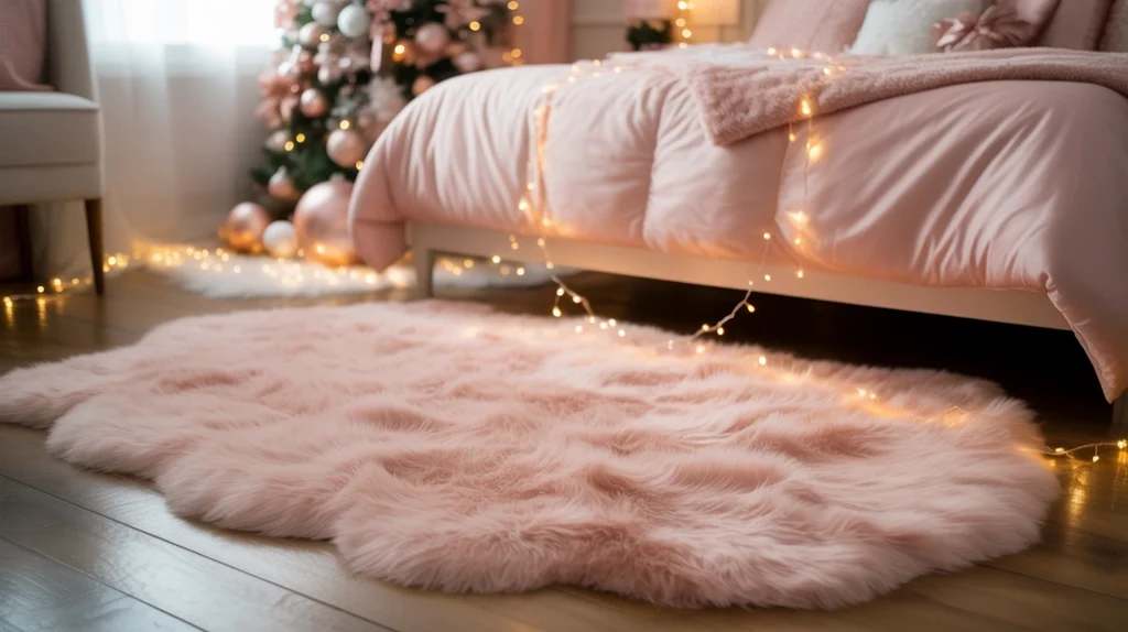blush faux-fur rug and pink bedding creating cozy soft texture for feminine holiday bedroom style