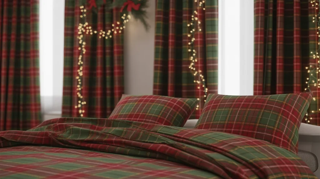 Classic red and green plaid patterns on bedding and curtains for a warm Christmas bedroom look
