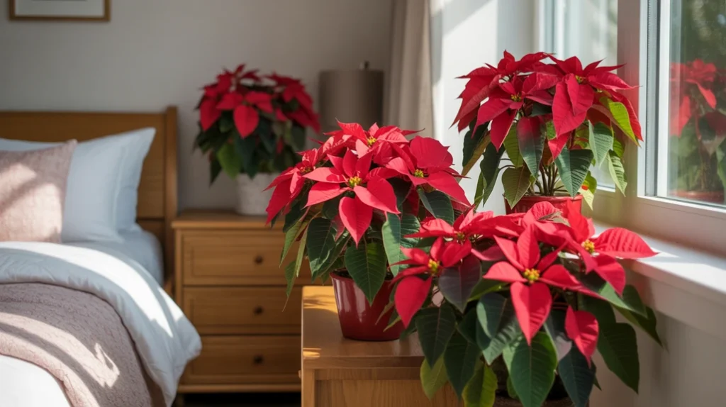red poinsettia plants on dresser adding natural christmas color and freshness to festive bedroom