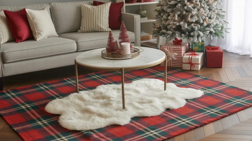 Red plaid area rug layered with white faux-fur rug anchoring Christmas living room design.