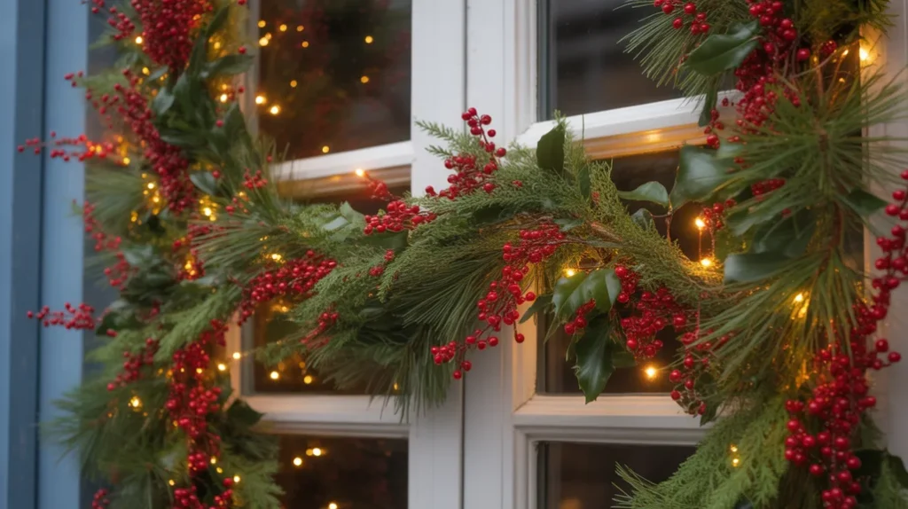 Red berry garlands and pine greenery across window frame adding color and texture to festive design.