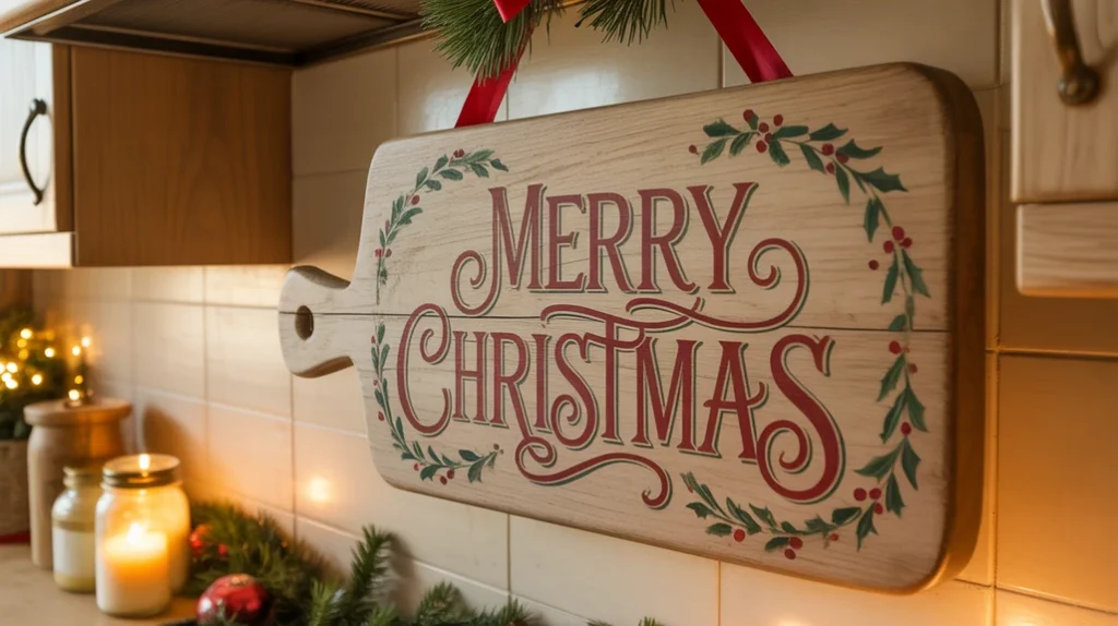 Repurposed cutting board turned into a rustic Christmas sign for the kitchen