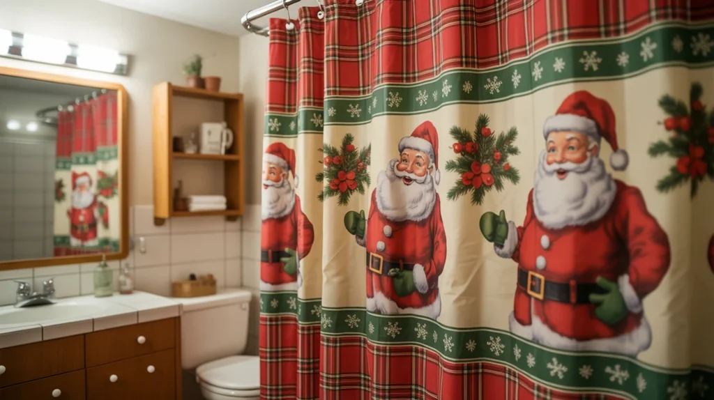 retro christmas shower curtain with classic patterns adding nostalgic holiday style