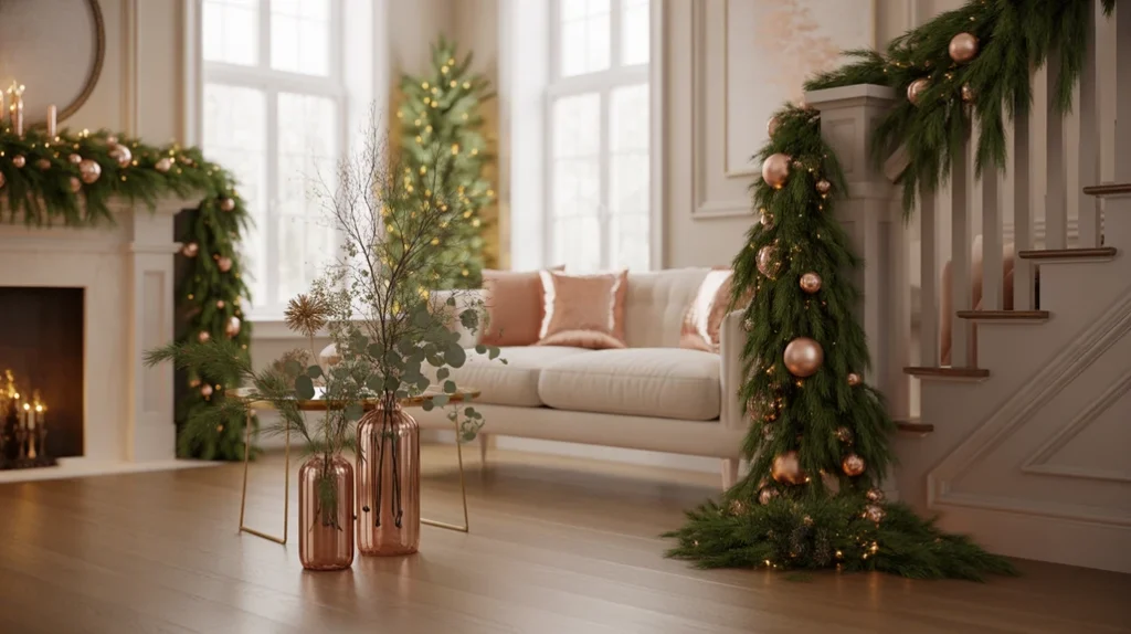 Rose gold holiday decorations paired with natural greenery and eucalyptus branches for elegant Christmas styling.