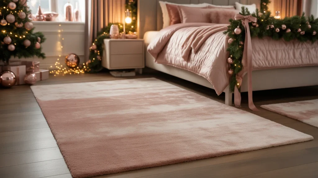 blush faux fur area rug under bed adding warmth and softness to elegant rose gold Christmas bedroom ideas