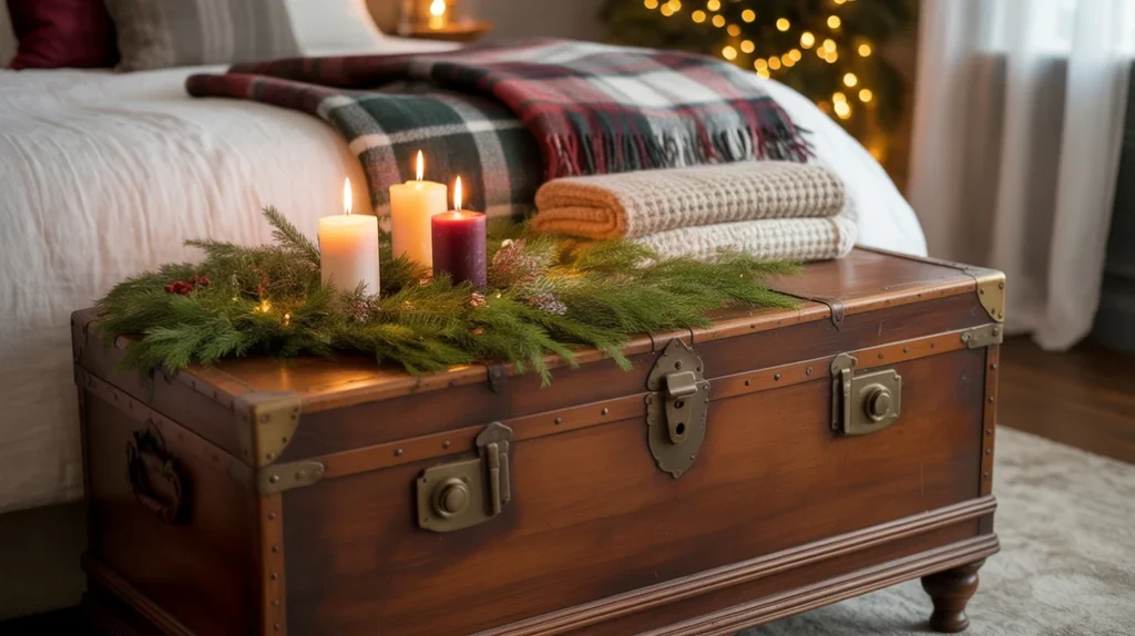 Wooden bench at foot of bed styled with greenery, candles, and blankets for farmhouse holiday charm