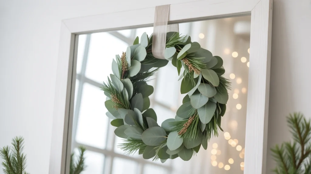 “Simple eucalyptus wreath with linen ribbon — Scandinavian-inspired Christmas decoration in a minimalist modern home.”