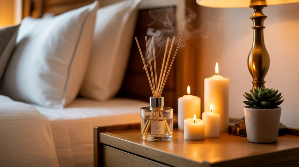Scented candles and pine diffuser bringing cozy holiday aroma to guest room