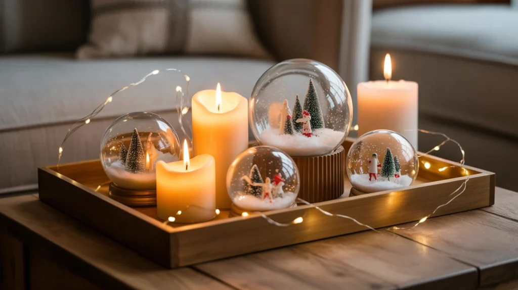 “Christmas coffee table styled with snow globes, candles, and fairy lights”