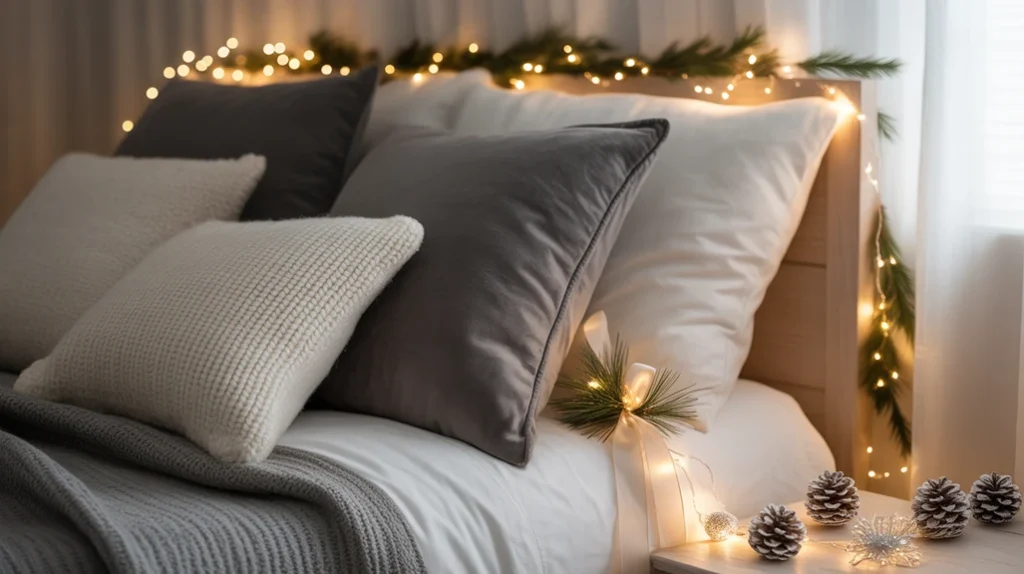 neutral area rug complementing cream bedding in cozy holiday bedroom decor