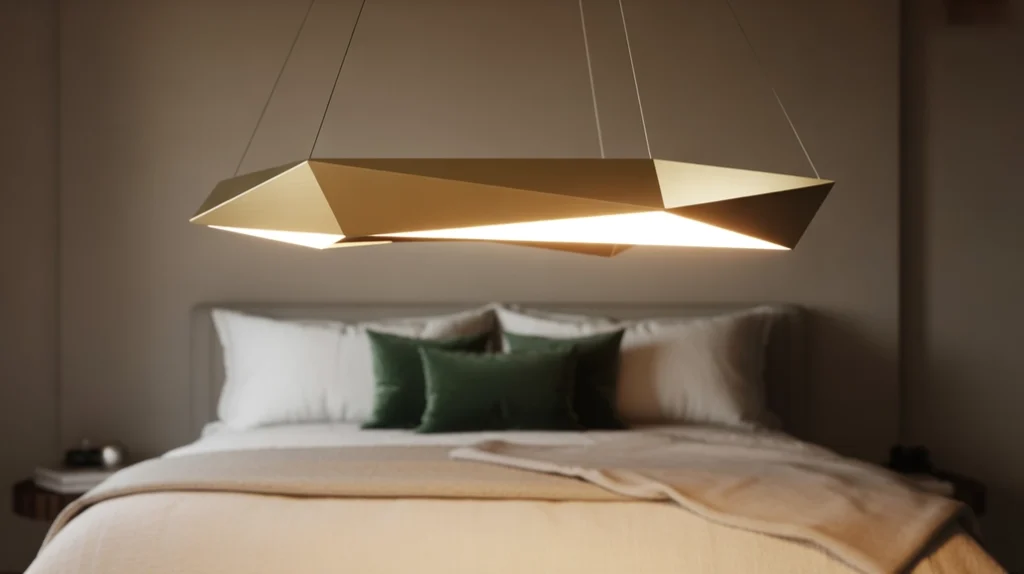 Modern chandelier with warm glow acting as centerpiece in stylish Christmas bedroom design