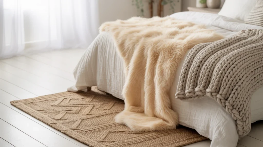Faux fur throw and woven rug adding cozy layered texture to Nordic Christmas bedroom