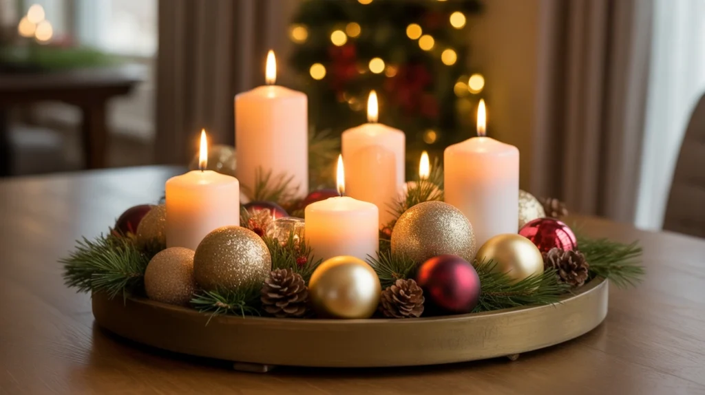 Decorative tray with candles, ornaments, and pinecones for festive bedroom tabletop styling