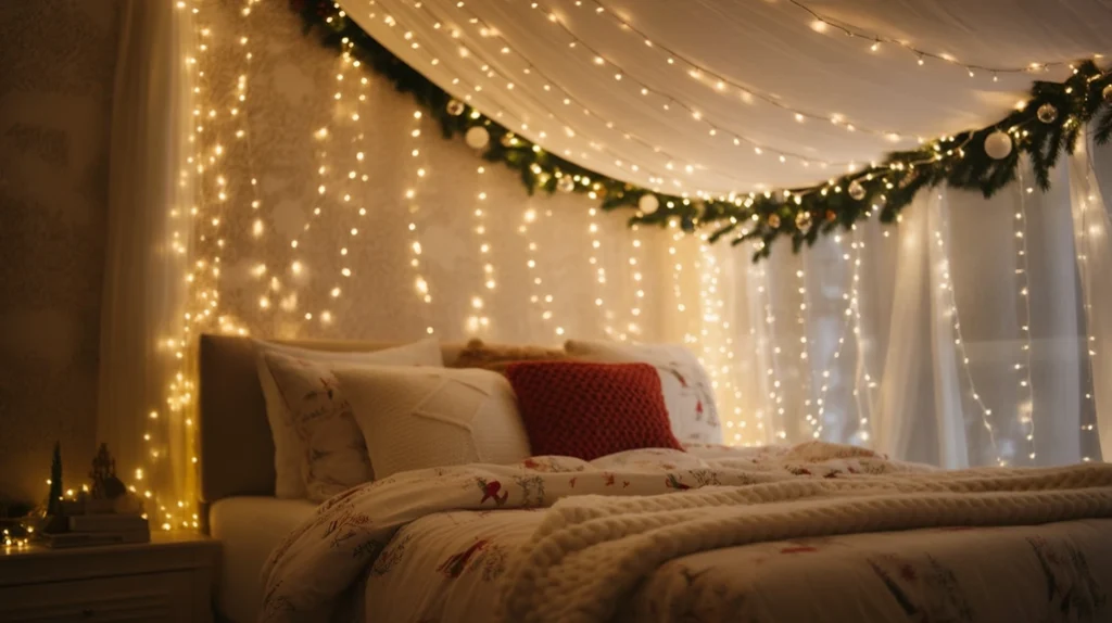Twinkling ceiling lights creating a dreamy and cozy Christmas bedroom vibe