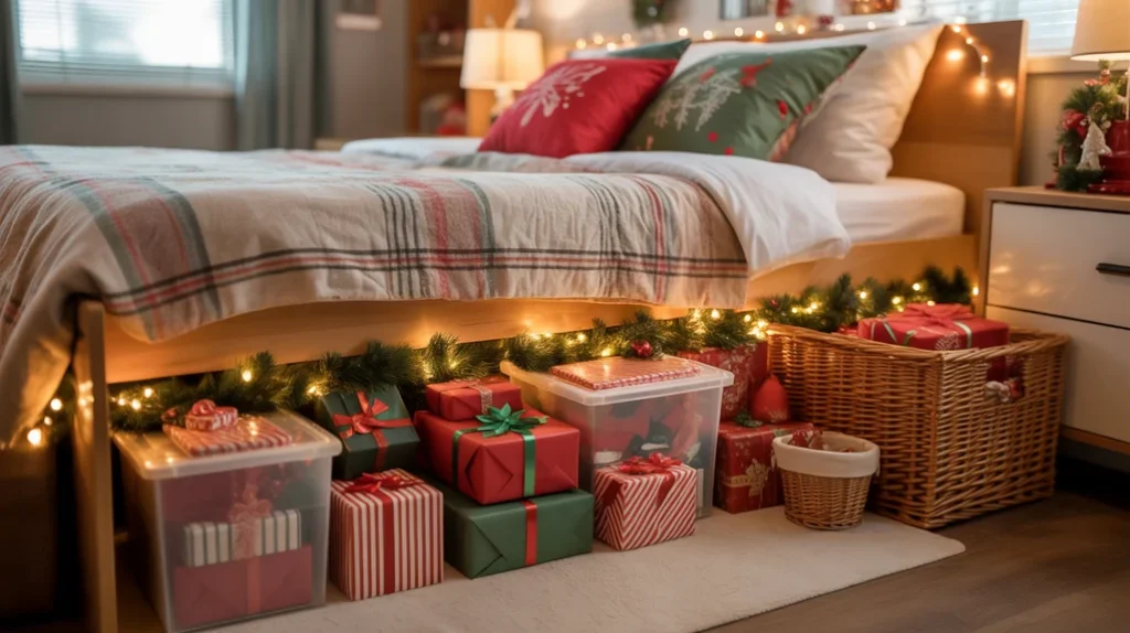 Under-bed storage baskets for gifts and decorations in organized small bedroom