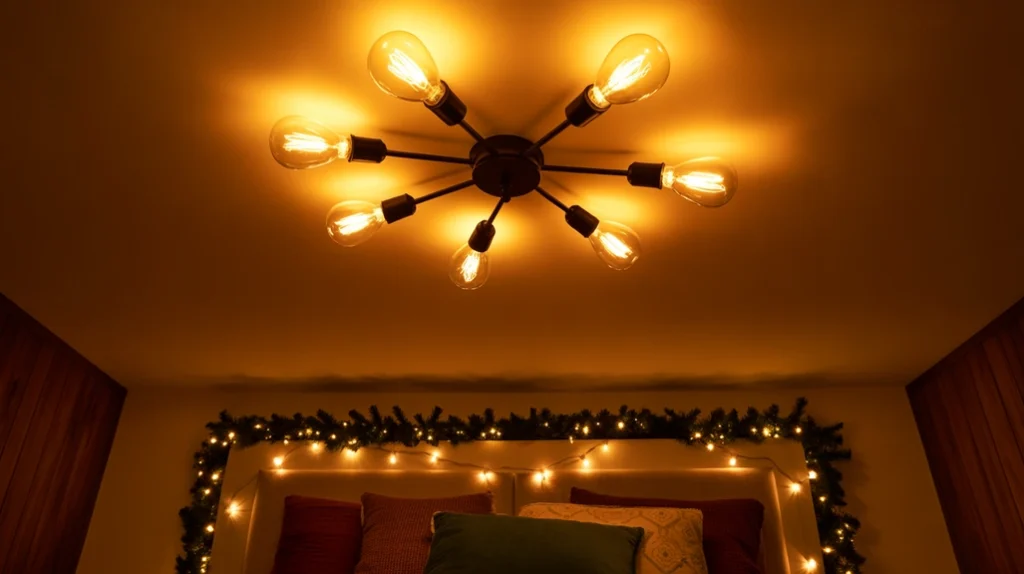 Warm amber bulbs in ceiling fixture adding gentle holiday bedroom glow