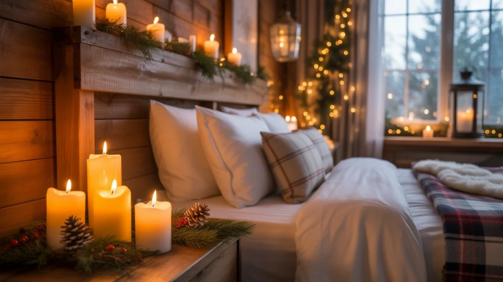 Candles and lanterns creating soft festive glow in cozy rustic modern Christmas bedroom ideas