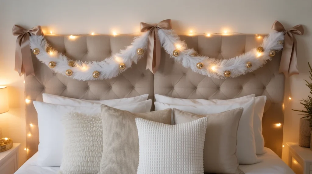 White garland with gold ornaments and ribbon draped over the bed headboard for Christmas decor.
