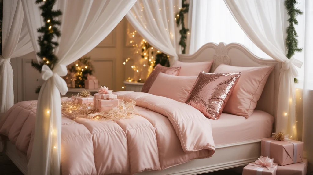 White canopy bed with pink bedding, sequined cushions, and dreamy holiday vibe
