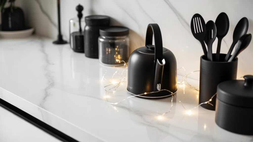 White marble countertop with black kitchen accessories and soft monochrome Christmas lighting