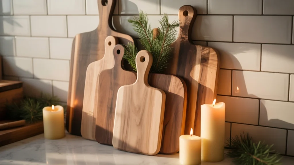 Stacked cutting boards with pine branches and candles giving a rustic farmhouse touch to Christmas kitchen counters